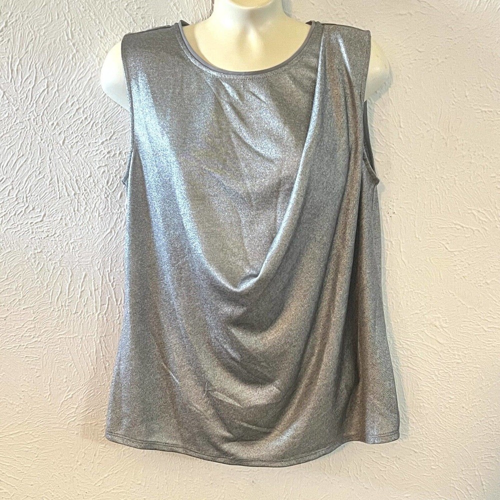 NWT H Halston Women Sleeveless Silver Metallic Holiday Shell Top Draped Tank S